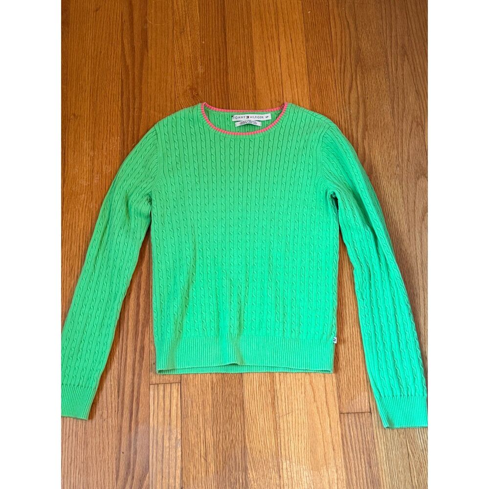 Tommy Hilfiger Bright Green Cable Knit Sweater with Pink Trim Size S/P